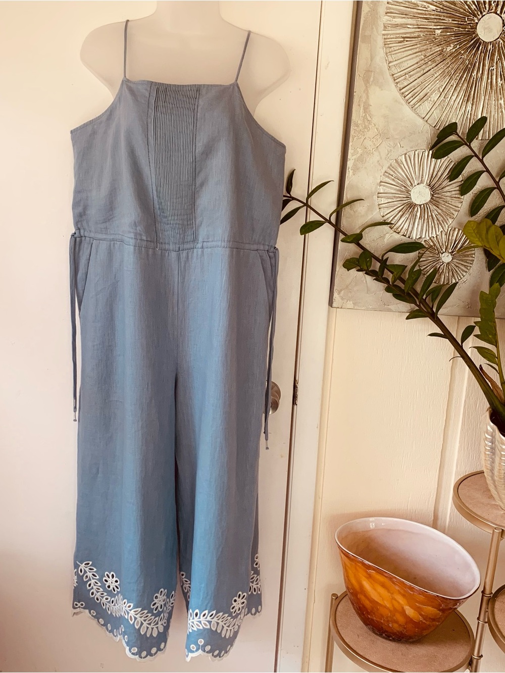 Michael Kors Light Blue Embroidered Wide-Leg Spaghetti-Strap Jumpsuit